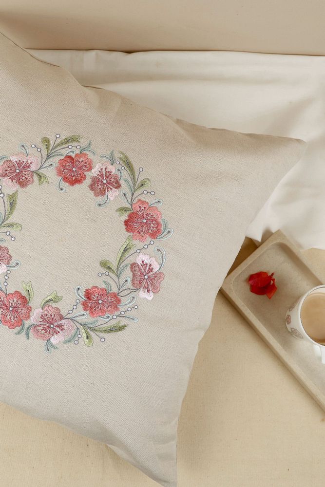 Fabric cushions - Wildflower Wreath Embroidered Cushion Cover in Beige Cotton Linen - NINÉH