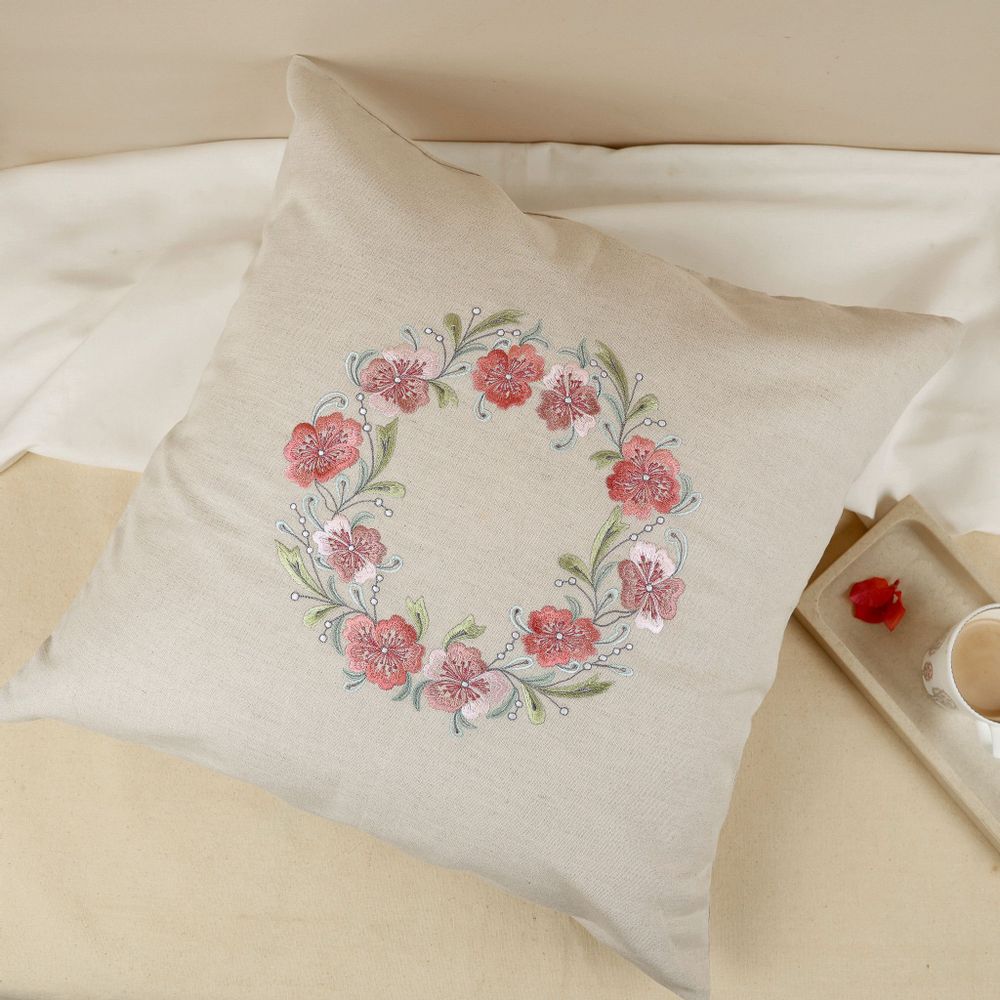 Fabric cushions - Wildflower Wreath Embroidered Cushion Cover in Beige Cotton Linen - NINÉH