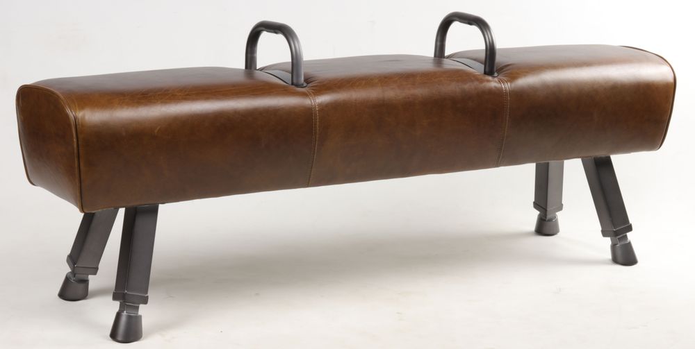 Stools - Billy Elliot 3-seater bench in genuine leather, vintage gym horse style - JP2B DECORATION