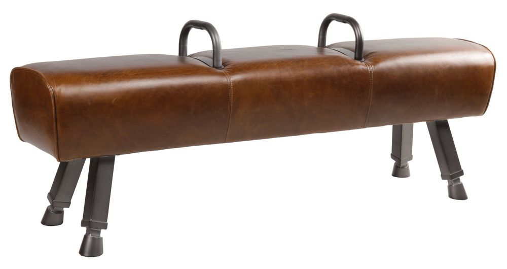 Stools - Billy Elliot 3-seater bench in genuine leather, vintage gym horse style - JP2B DECORATION