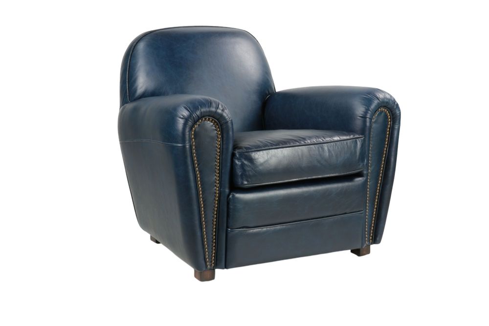 Armchairs - Blue leather Club Chair, timeless design, round back - JP2B DECORATION