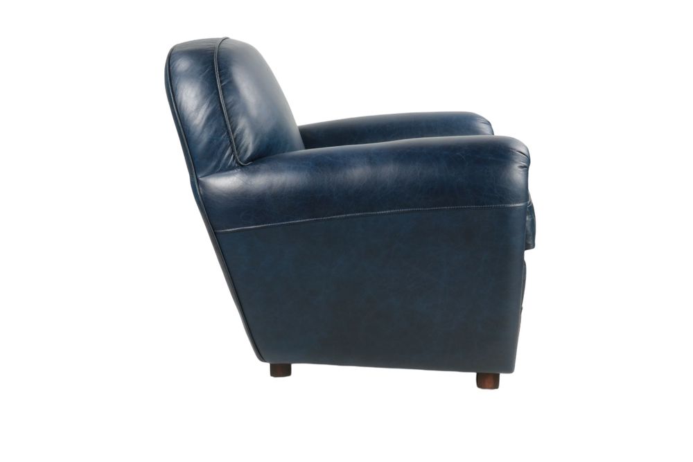 Armchairs - Blue leather Club Chair, timeless design, round back - JP2B DECORATION