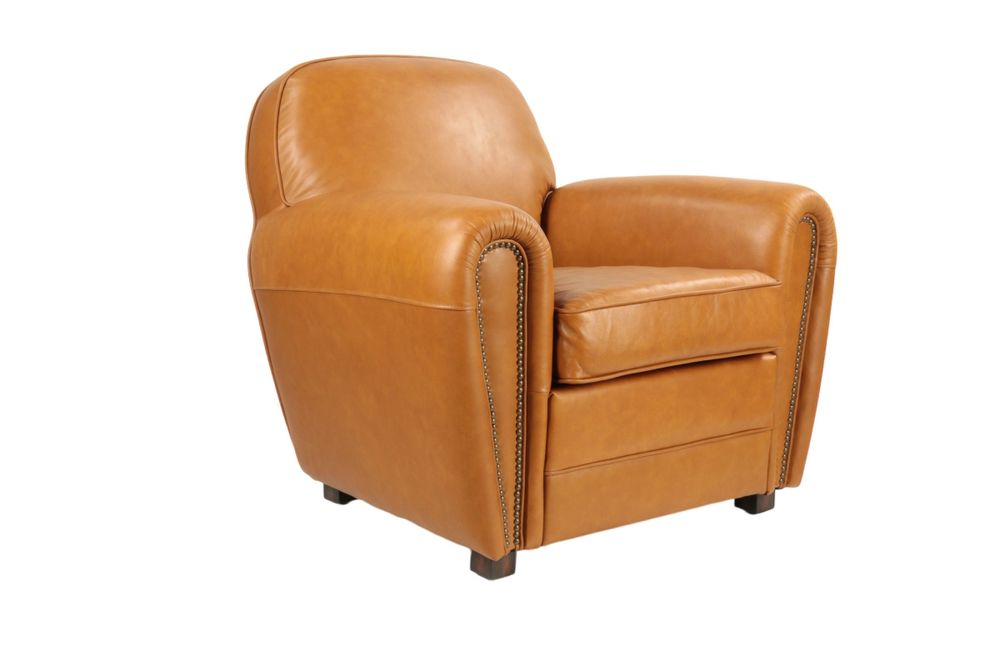 Armchairs - Tan leather Club Chair, timeless design, round back - JP2B DECORATION