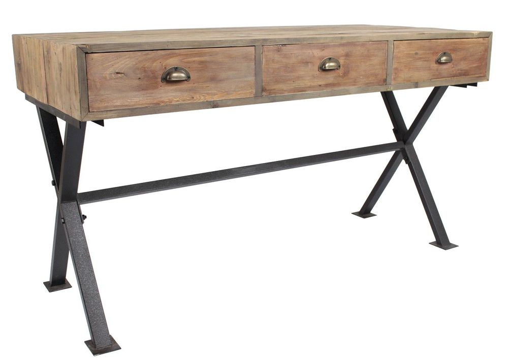 Desks - Industrial desk in metal and recycled wood, 150 cm, 3 drawers, vintage style - JP2B DECORATION