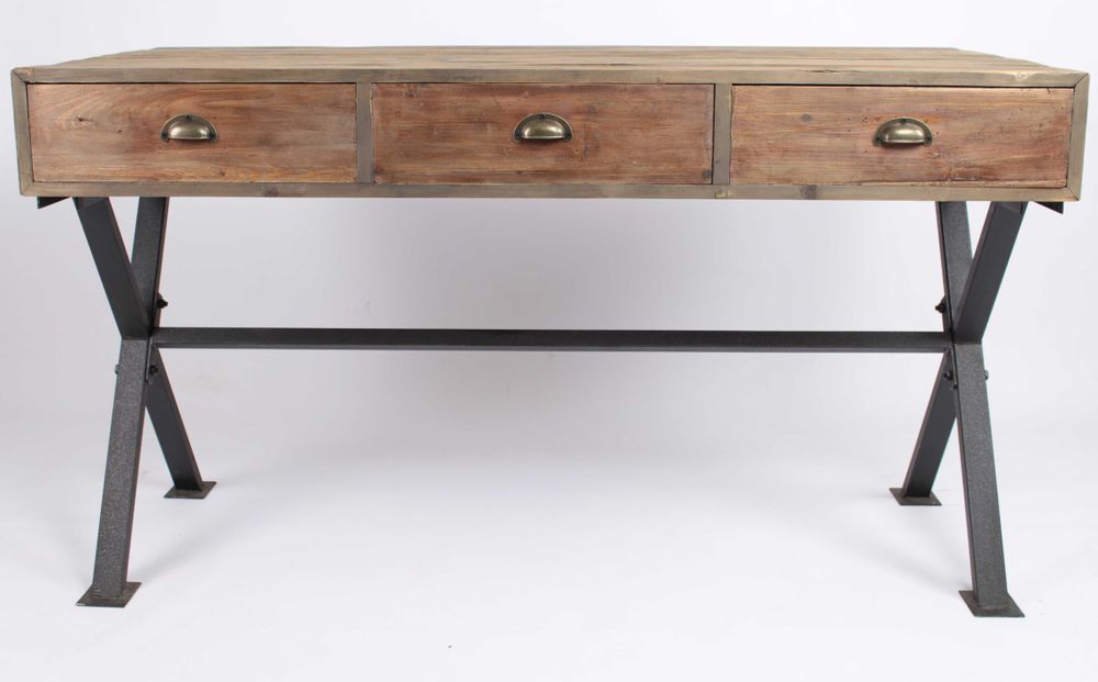 Desks - Industrial desk in metal and recycled wood, 150 cm, 3 drawers, vintage style - JP2B DECORATION