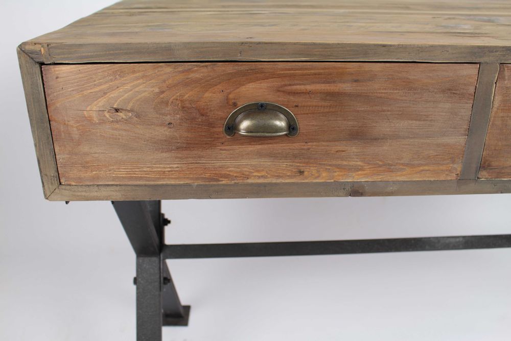 Desks - Industrial desk in metal and recycled wood, 150 cm, 3 drawers, vintage style - JP2B DECORATION