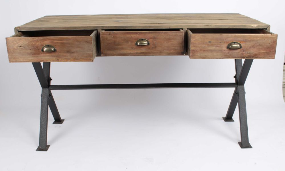 Desks - Industrial desk in metal and recycled wood, 150 cm, 3 drawers, vintage style - JP2B DECORATION