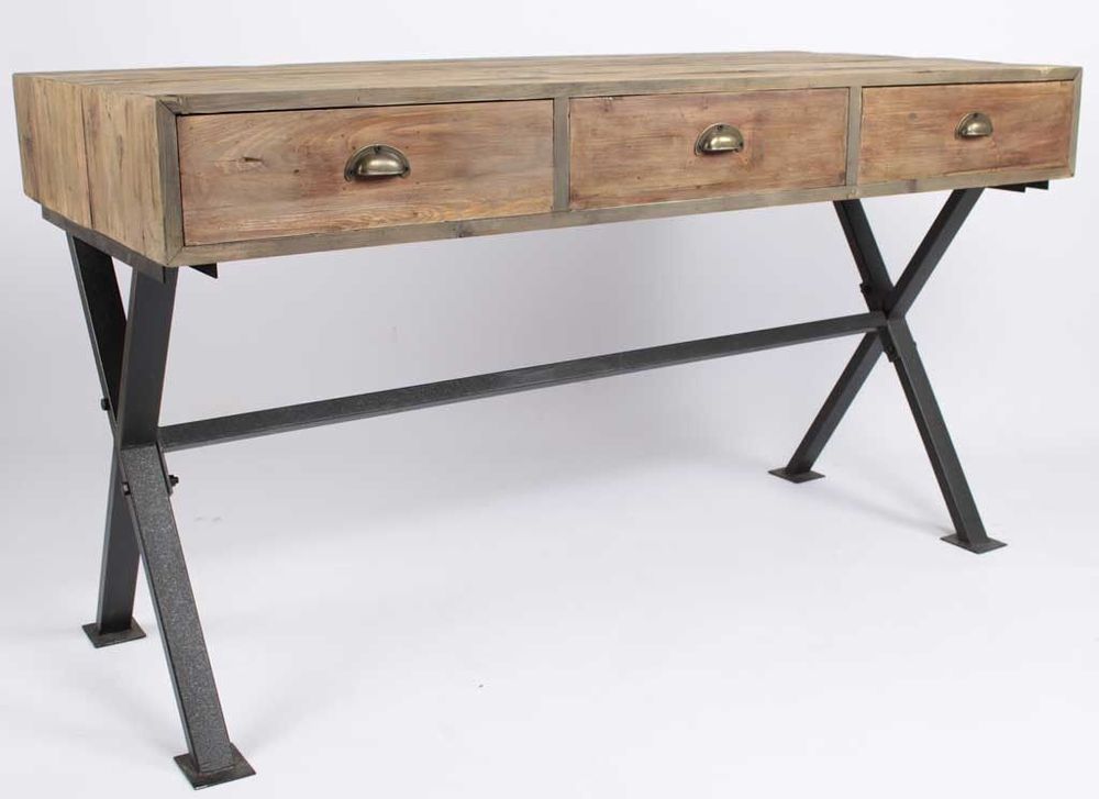 Desks - Industrial desk in metal and recycled wood, 150 cm, 3 drawers, vintage style - JP2B DECORATION