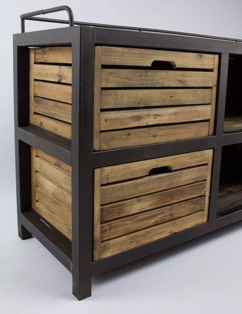 Sideboards - Industrial sideboard in metal and recycled wood, 170 cm, vintage style - JP2B DECORATION