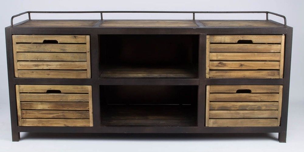 Sideboards - Industrial sideboard in metal and recycled wood, 170 cm, vintage style - JP2B DECORATION
