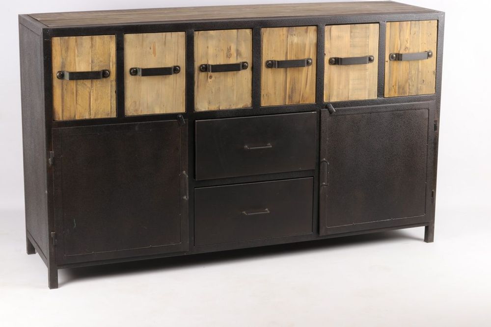 Sideboards - Industrial buffet in metal and recycled wood, 160 cm, 8 drawers - JP2B DECORATION