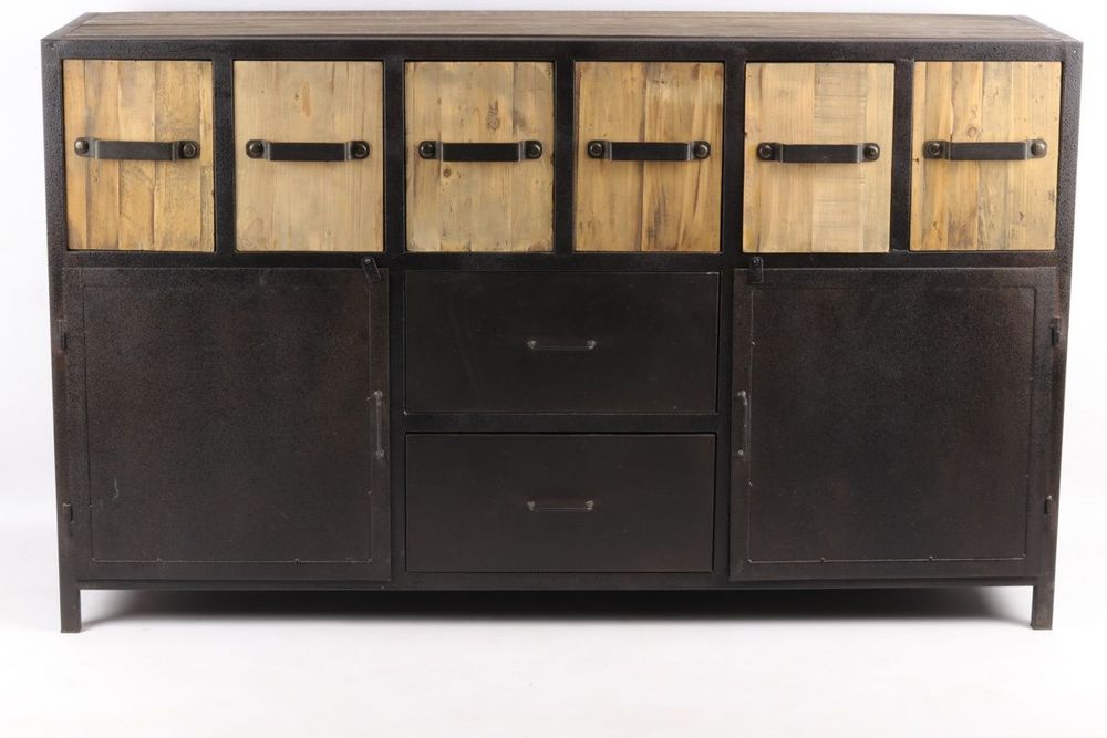 Sideboards - Industrial buffet in metal and recycled wood, 160 cm, 8 drawers - JP2B DECORATION