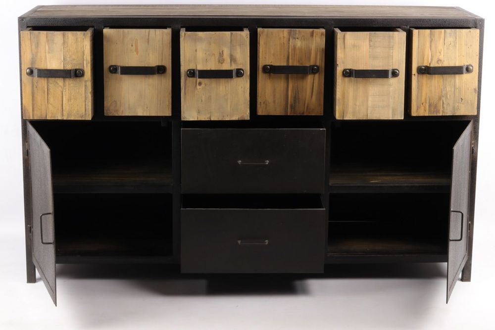 Sideboards - Industrial buffet in metal and recycled wood, 160 cm, 8 drawers - JP2B DECORATION