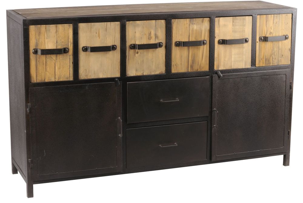 Sideboards - Industrial buffet in metal and recycled wood, 160 cm, 8 drawers - JP2B DECORATION