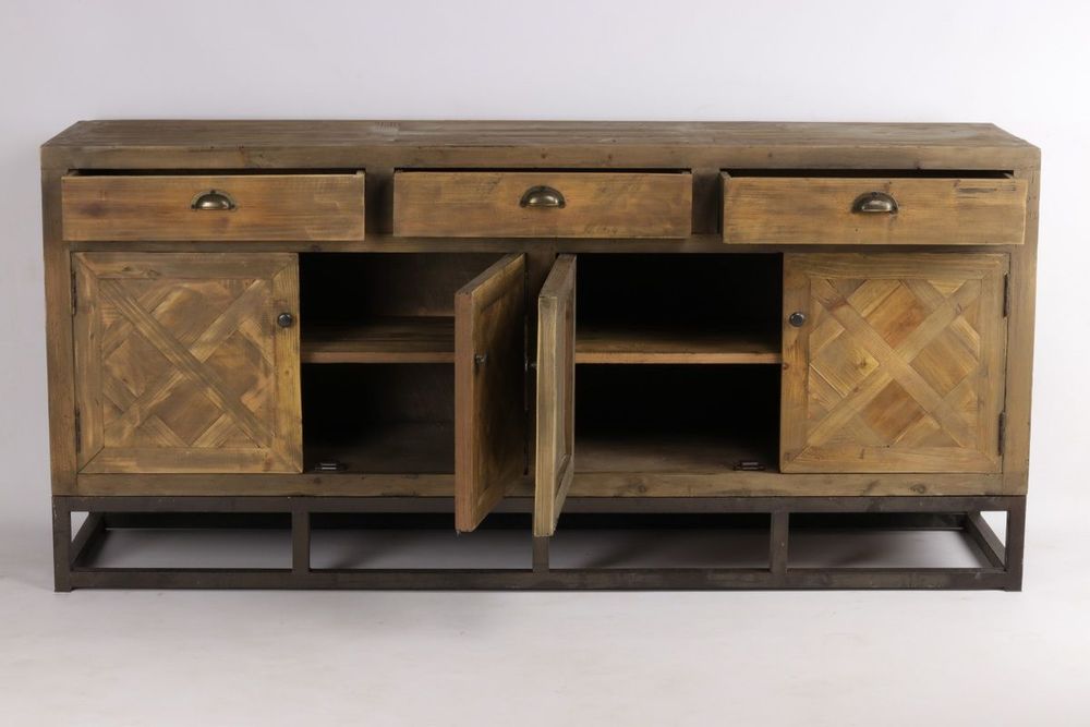 Buffets - Enfilade industrielle en métal et bois recyclé, 180 cm, 3 tiroirs, style vintage - JP2B DECORATION