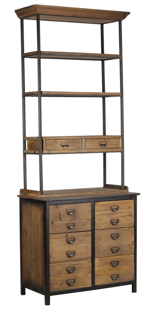 Bookshelves - Industrial bookshelf in metal and recycled wood, 231 cm, 12 drawers - JP2B DECORATION