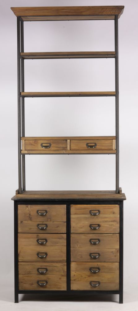 Bookshelves - Industrial bookshelf in metal and recycled wood, 231 cm, 12 drawers - JP2B DECORATION
