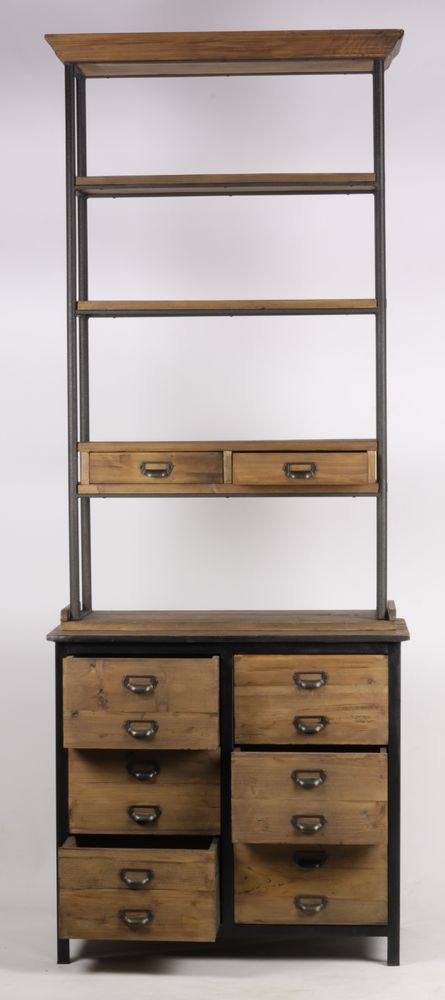 Bookshelves - Industrial bookshelf in metal and recycled wood, 231 cm, 12 drawers - JP2B DECORATION