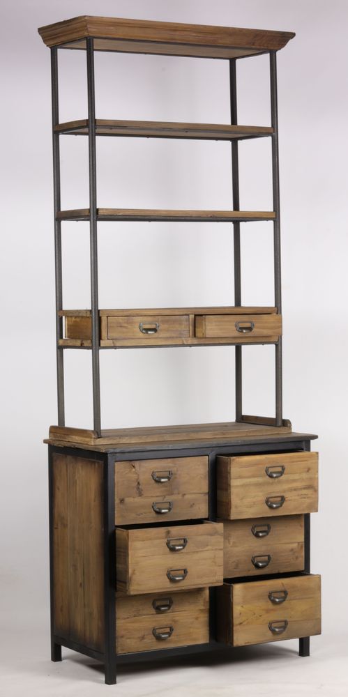 Bookshelves - Industrial bookshelf in metal and recycled wood, 231 cm, 12 drawers - JP2B DECORATION