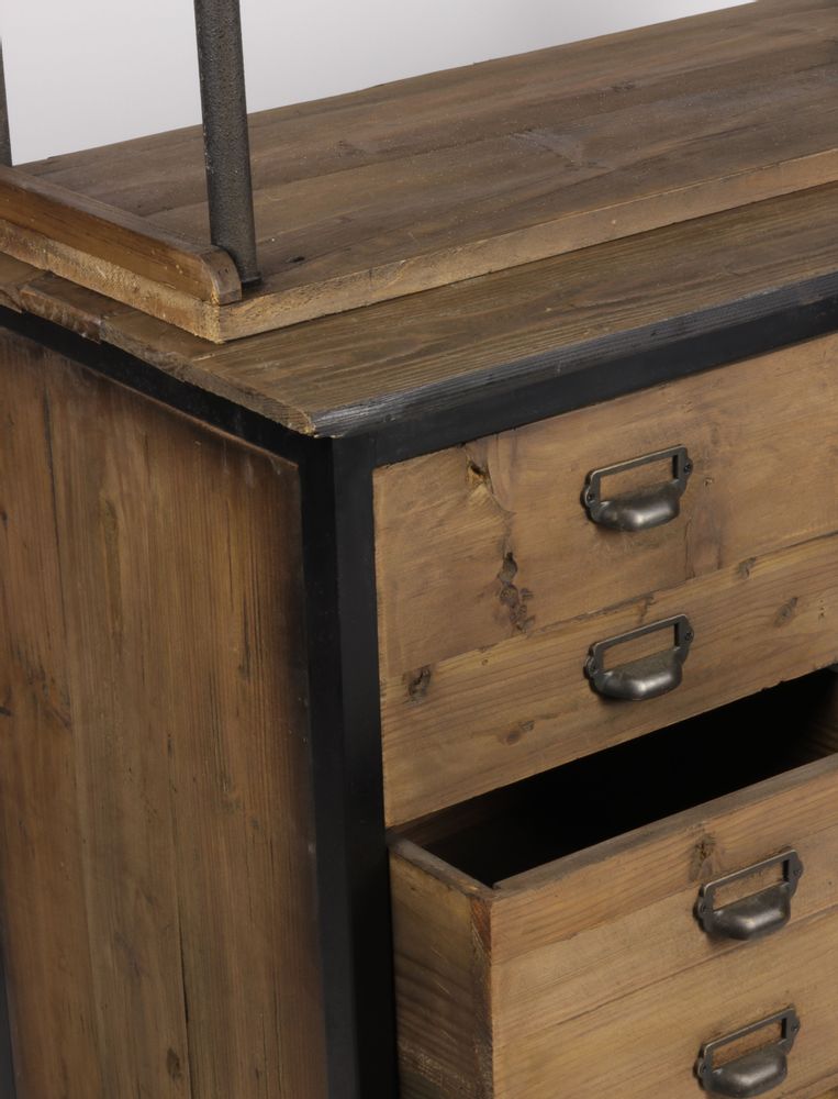 Bookshelves - Industrial bookshelf in metal and recycled wood, 231 cm, 12 drawers - JP2B DECORATION