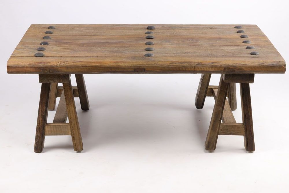 Tables basses - Table à café Tréteaux en bois recyclé, 110 cm, style industriel vintage - JP2B DECORATION