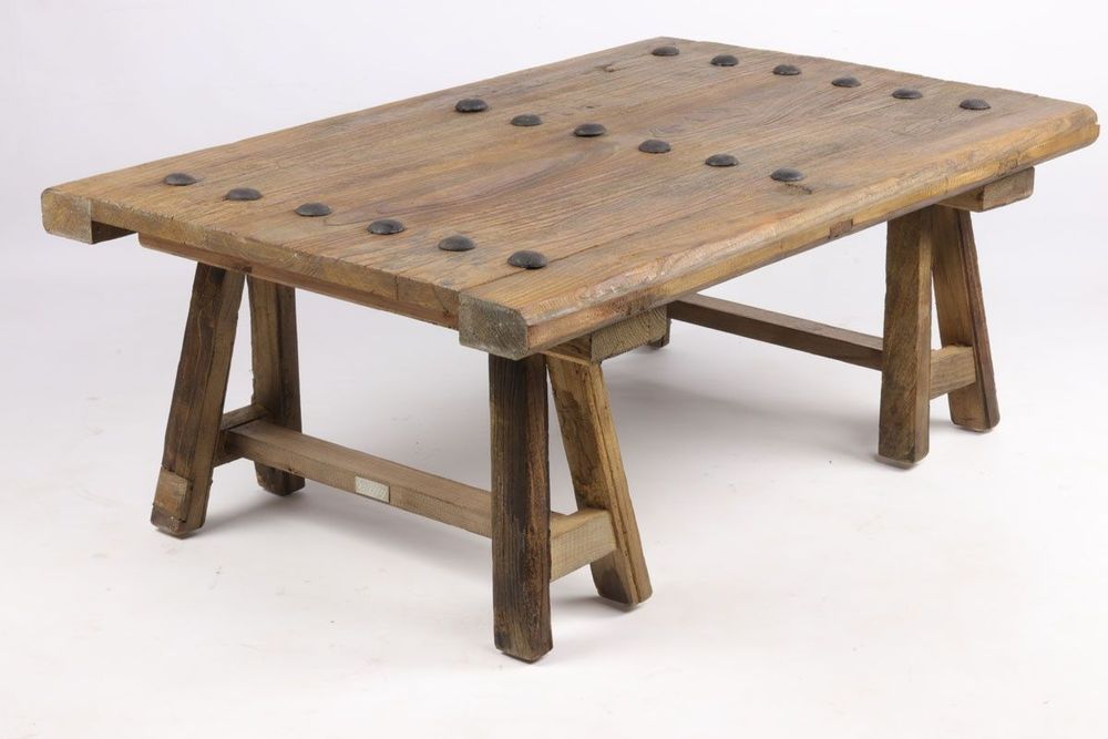 Tables basses - Table à café Tréteaux en bois recyclé, 110 cm, style industriel vintage - JP2B DECORATION