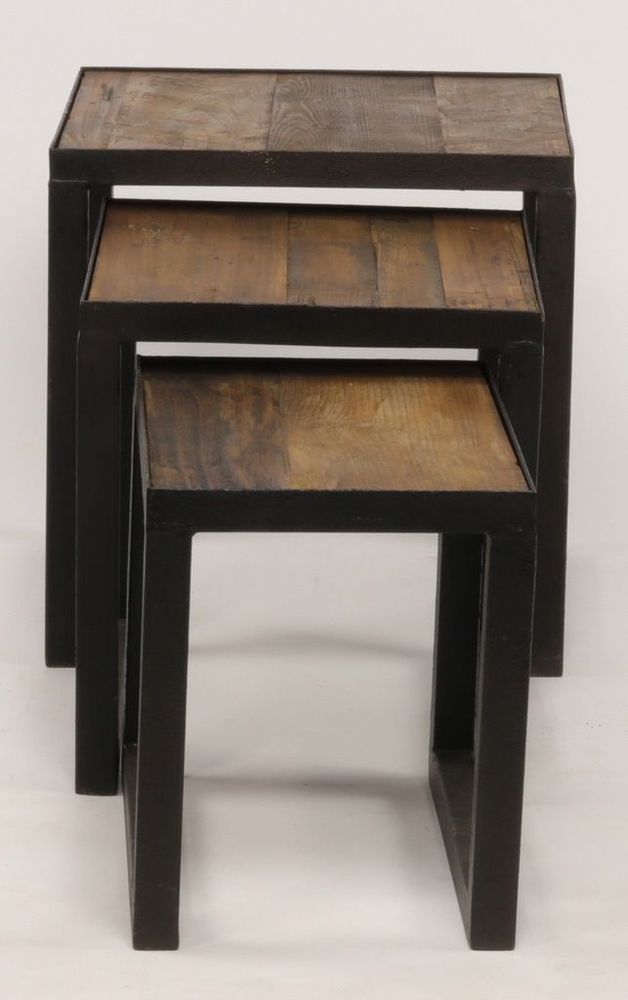 Tables basses - Set de tables gigognes en métal et bois recyclé, 40 cm, style industriel - JP2B DECORATION