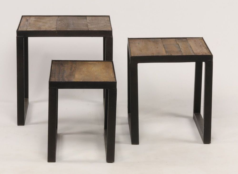 Tables basses - Set de tables gigognes en métal et bois recyclé, 40 cm, style industriel - JP2B DECORATION