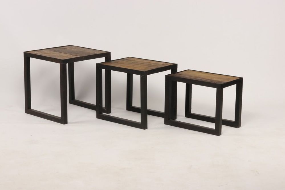 Tables basses - Set de tables gigognes en métal et bois recyclé, 40 cm, style industriel - JP2B DECORATION