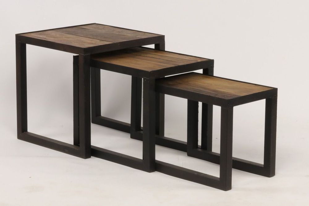 Tables basses - Set de tables gigognes en métal et bois recyclé, 40 cm, style industriel - JP2B DECORATION