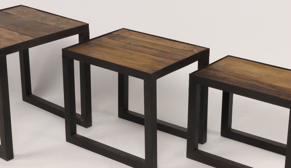 Tables basses - Set de tables gigognes en métal et bois recyclé, 40 cm, style industriel - JP2B DECORATION