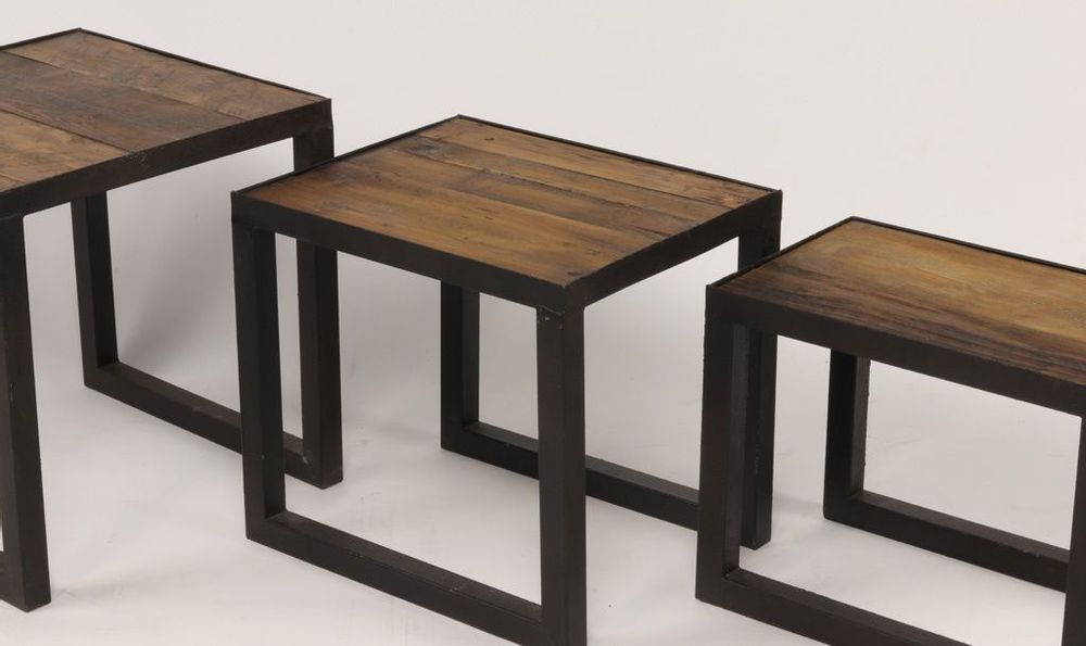 Tables basses - Set de tables gigognes en métal et bois recyclé, 40 cm, style industriel - JP2B DECORATION