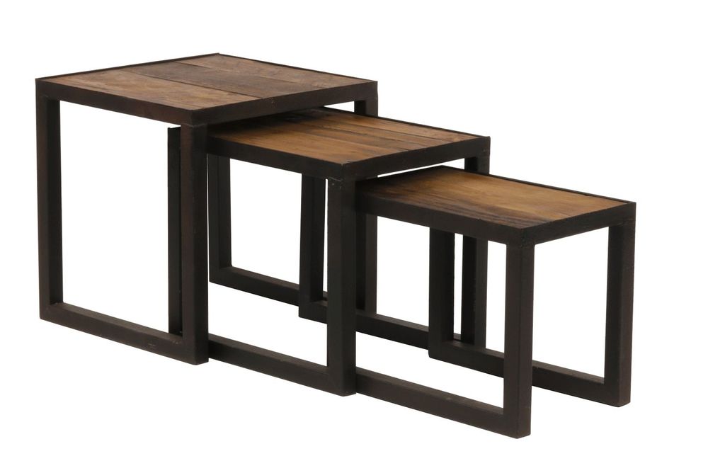 Tables basses - Set de tables gigognes en métal et bois recyclé, 40 cm, style industriel - JP2B DECORATION