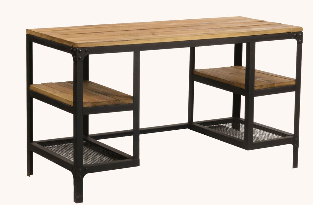 Desks - Conrad industrial desk in wood and metal, 140 cm, 4 shelves - JP2B DECORATION