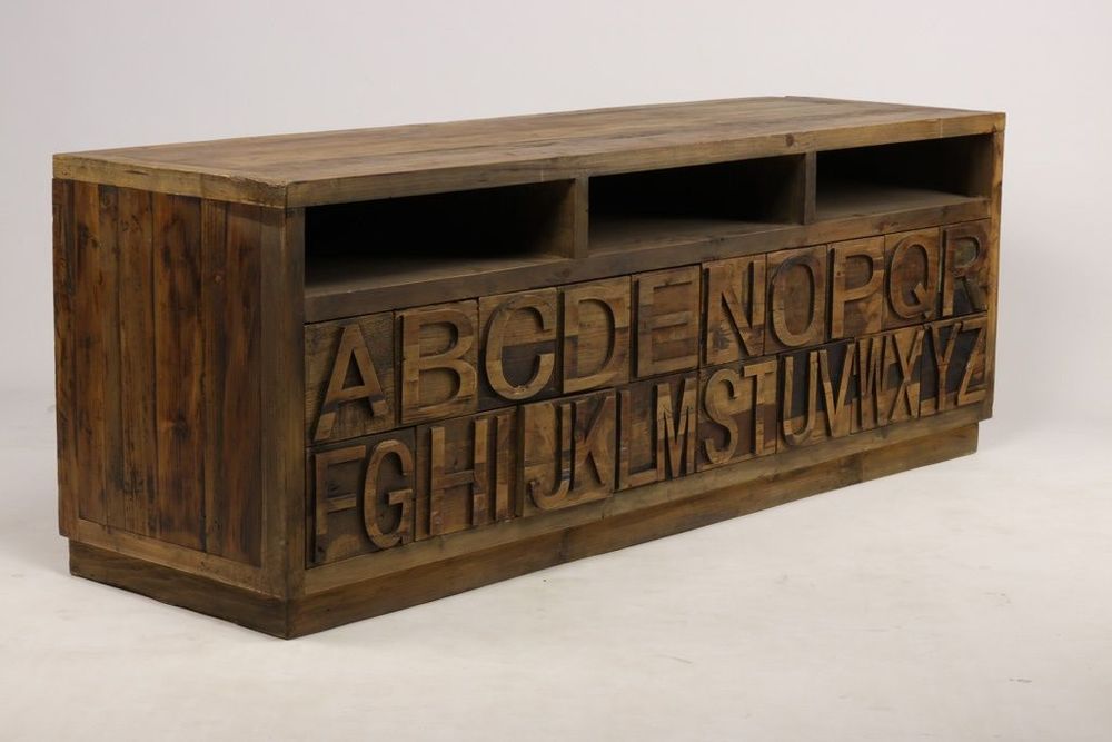 Buffets - Meuble TV ABCD en bois recyclé, 177 cm, style vintage avec rangements alphabet - JP2B DECORATION