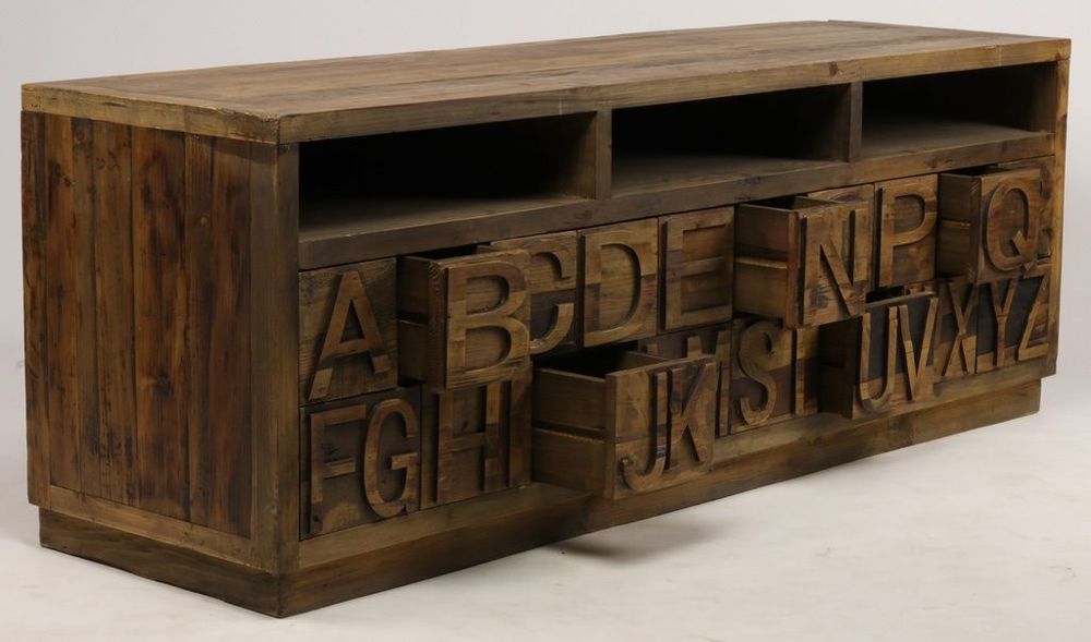 Buffets - Meuble TV ABCD en bois recyclé, 177 cm, style vintage avec rangements alphabet - JP2B DECORATION