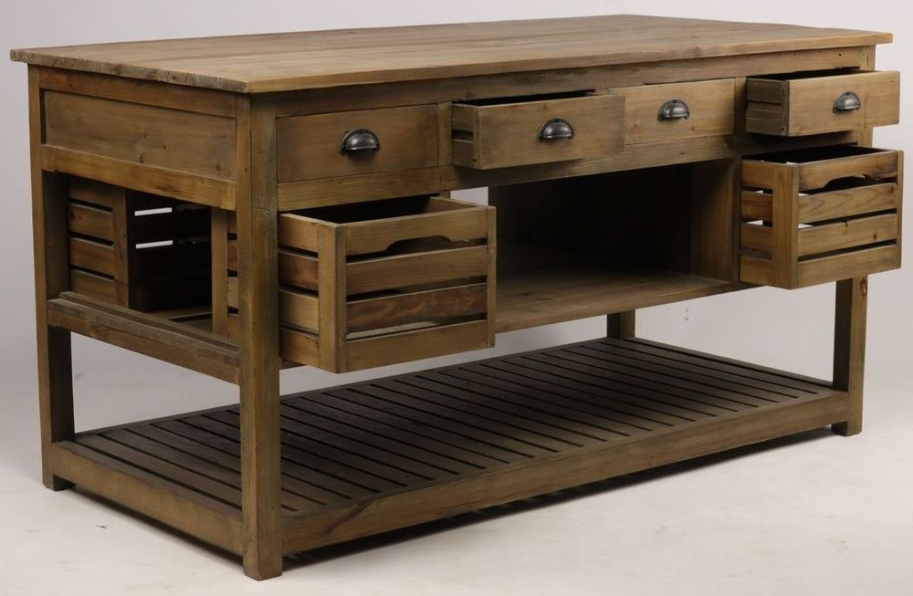 Buffets - Îlot de cuisine Emerson en bois recyclé, 160 cm, 12 tiroirs, style vintage - JP2B DECORATION
