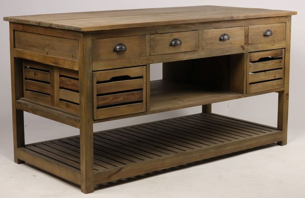 Buffets - Îlot de cuisine Emerson en bois recyclé, 160 cm, 12 tiroirs, style vintage - JP2B DECORATION