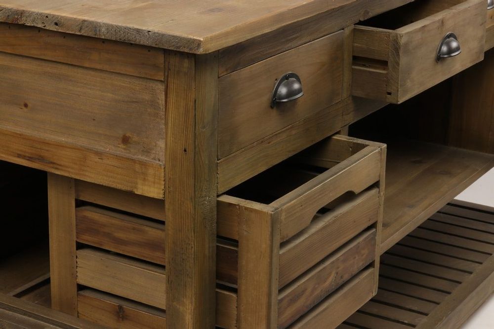 Buffets - Îlot de cuisine Emerson en bois recyclé, 160 cm, 12 tiroirs, style vintage - JP2B DECORATION
