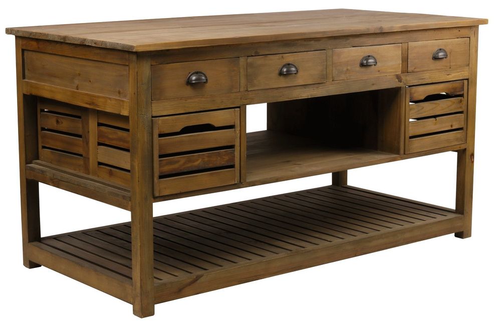 Buffets - Îlot de cuisine Emerson en bois recyclé, 160 cm, 12 tiroirs, style vintage - JP2B DECORATION