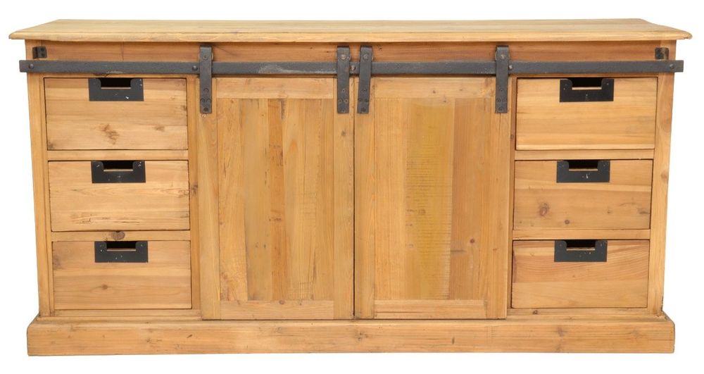 Bibliothèques - Cabinet Ruston bois recyclé, porte coulissante et tiroirs - JP2B DECORATION