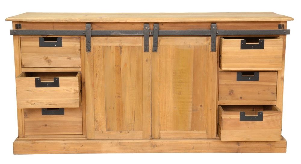 Bibliothèques - Cabinet Ruston bois recyclé, porte coulissante et tiroirs - JP2B DECORATION