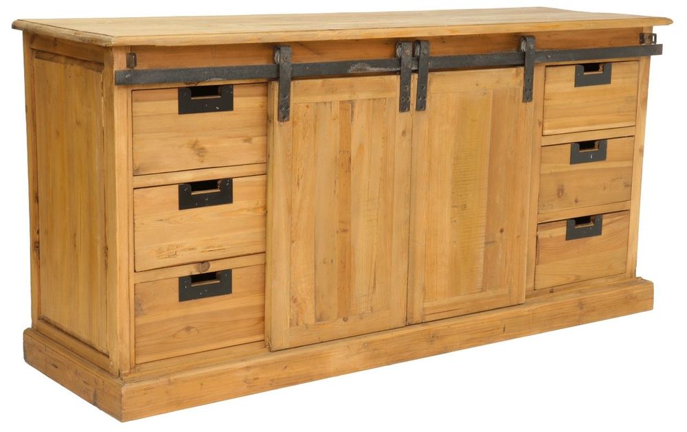 Bibliothèques - Cabinet Ruston bois recyclé, porte coulissante et tiroirs - JP2B DECORATION