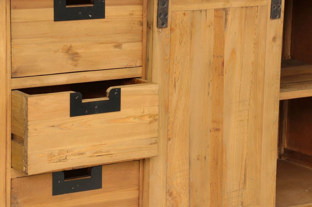 Bibliothèques - Cabinet Ruston bois recyclé, porte coulissante et tiroirs - JP2B DECORATION