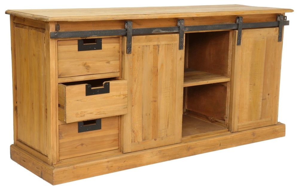Bibliothèques - Cabinet Ruston bois recyclé, porte coulissante et tiroirs - JP2B DECORATION