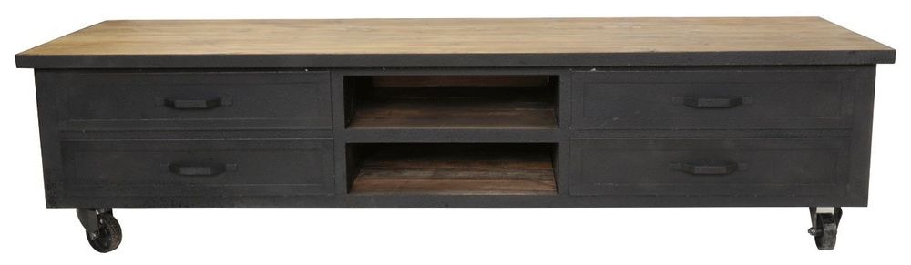 Buffets - Meuble TV industriel bois et fer, 4 tiroirs, roulettes - JP2B DECORATION