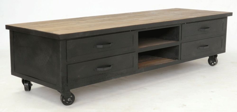 Buffets - Meuble TV industriel bois et fer, 4 tiroirs, roulettes - JP2B DECORATION