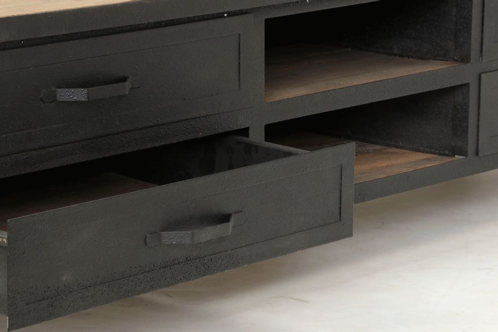 Buffets - Meuble TV industriel bois et fer, 4 tiroirs, roulettes - JP2B DECORATION