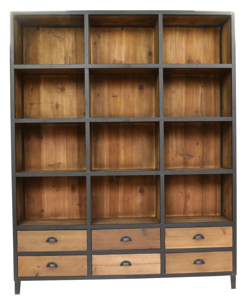 Bookshelves - Industrial bookcase wood and iron, 6 drawers, 12 shelves - JP2B DECORATION