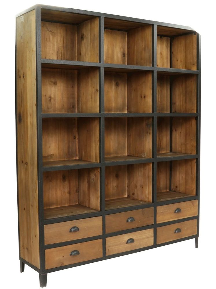 Bookshelves - Industrial bookcase wood and iron, 6 drawers, 12 shelves - JP2B DECORATION